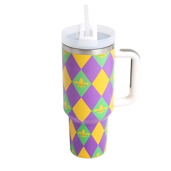 Mardi Gras fleur de lis Diamond Pattern 40oz Tumbler – Festive & Functional! 🎭✨